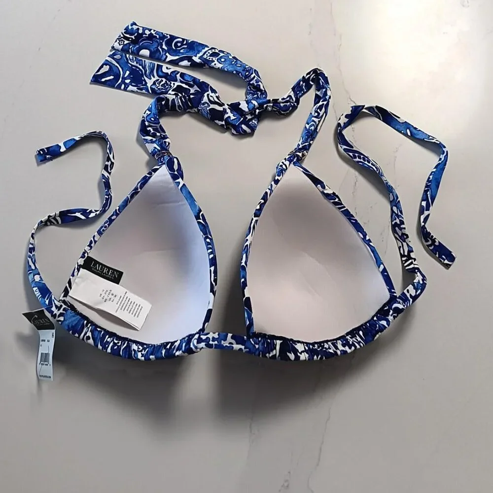 Swim Top LAUREN RALPH LAUREN Halter Tie Triangle Blue and White Sz 12 NEW - Picture 4 of 7